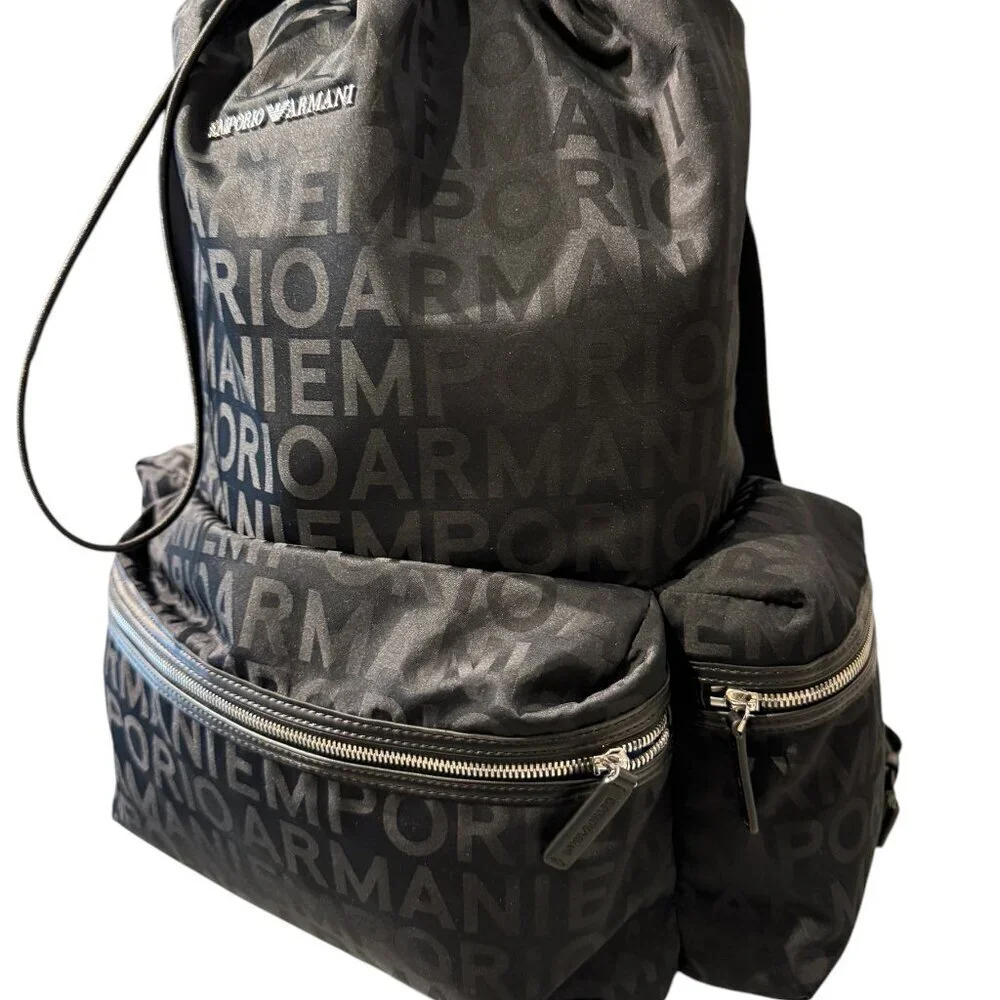 New‎ Emporio Armani Black Nylon oversized Drawstring Logo Backpack